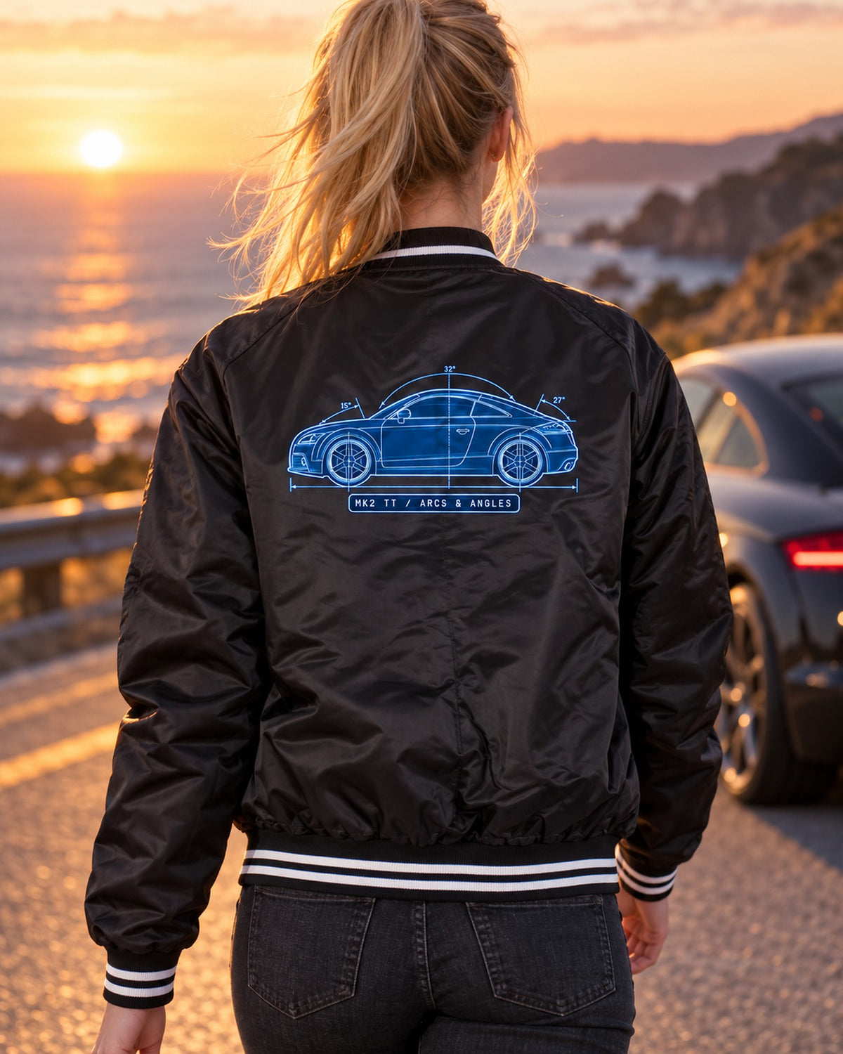 Audi TT 8J Mk2 Cyanotype Blueprint Shirt, Arcs and Angles Bomber Jacket Black worn hero