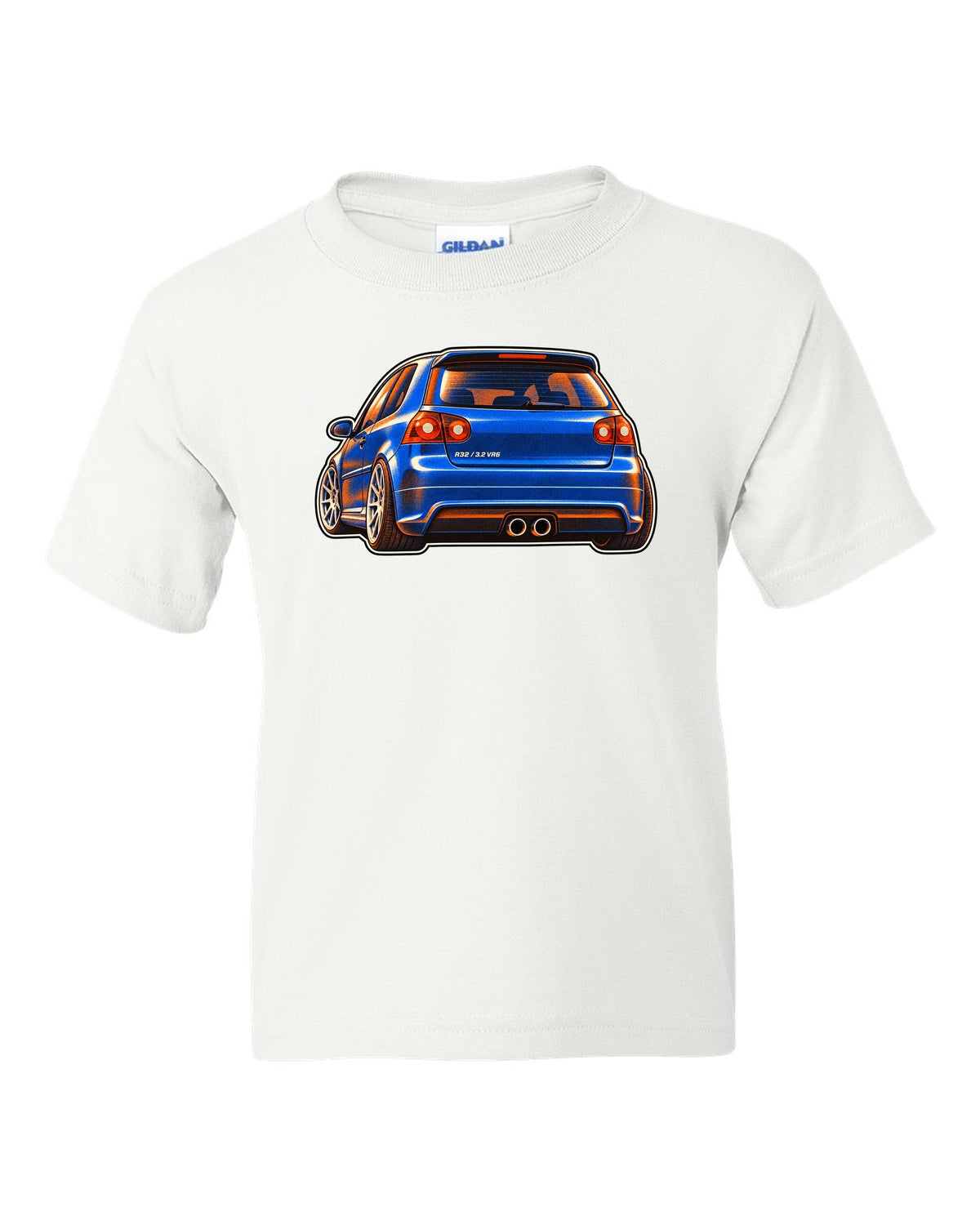 Risograph style print of a VW Golf R32 Mk5 with twin exhaust pipes and 3.2 VR6 text white kids tee front view with the design