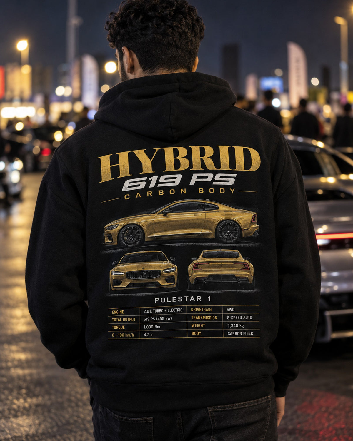 Polestar 1 Spec Sheet Full-Back Graphic Tee Pull Over Hoodie Black worn hero