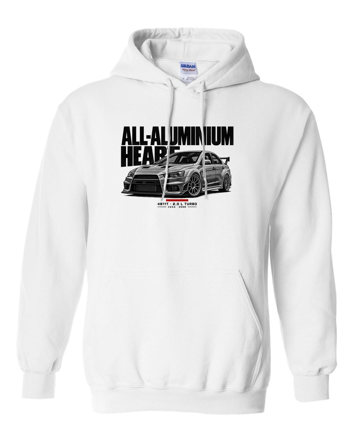 Halftone Mitsubishi Lancer Evolution X CZ4A with all-aluminium 4B11T text white pull over hoodie front view with the design