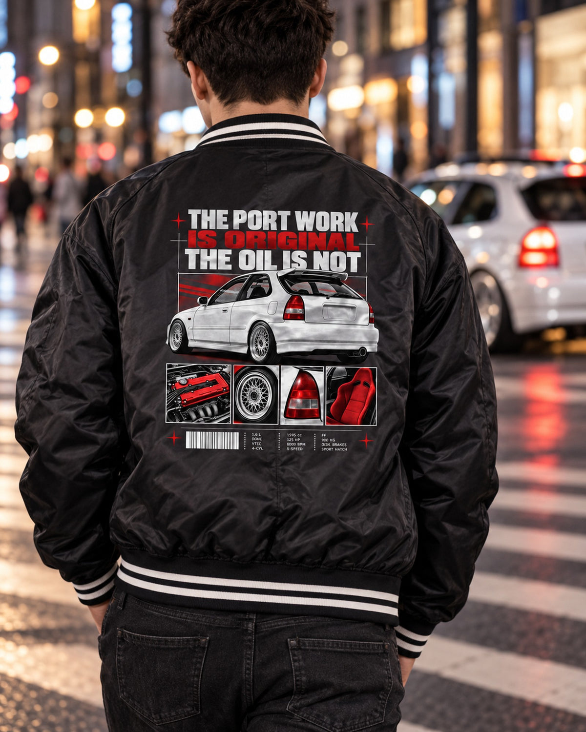 Honda Civic EK9 Spec Sheet Dossier Shirt, Port Work Is Original Bomber Jacket Black worn hero