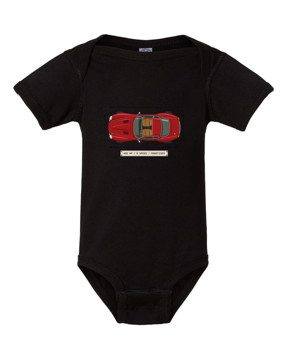 Spec sheet data plate for an Alfa Romeo 8C Competizione with 450 HP 6 speed robotised black baby onesie front view with the design