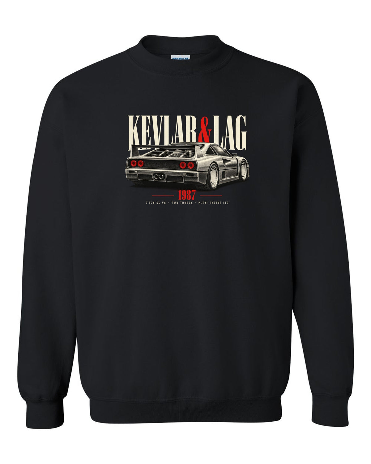 Ferrari F40 1987 rear three-quarter print headed Kevlar and Lag, 2,936 cc V8 black crewneck front view with the design