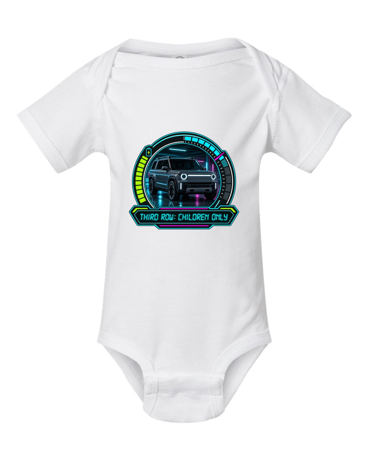 Rivian R1S dashboard gauge cluster HUD print with the text third row children only white baby onesie front view with the design