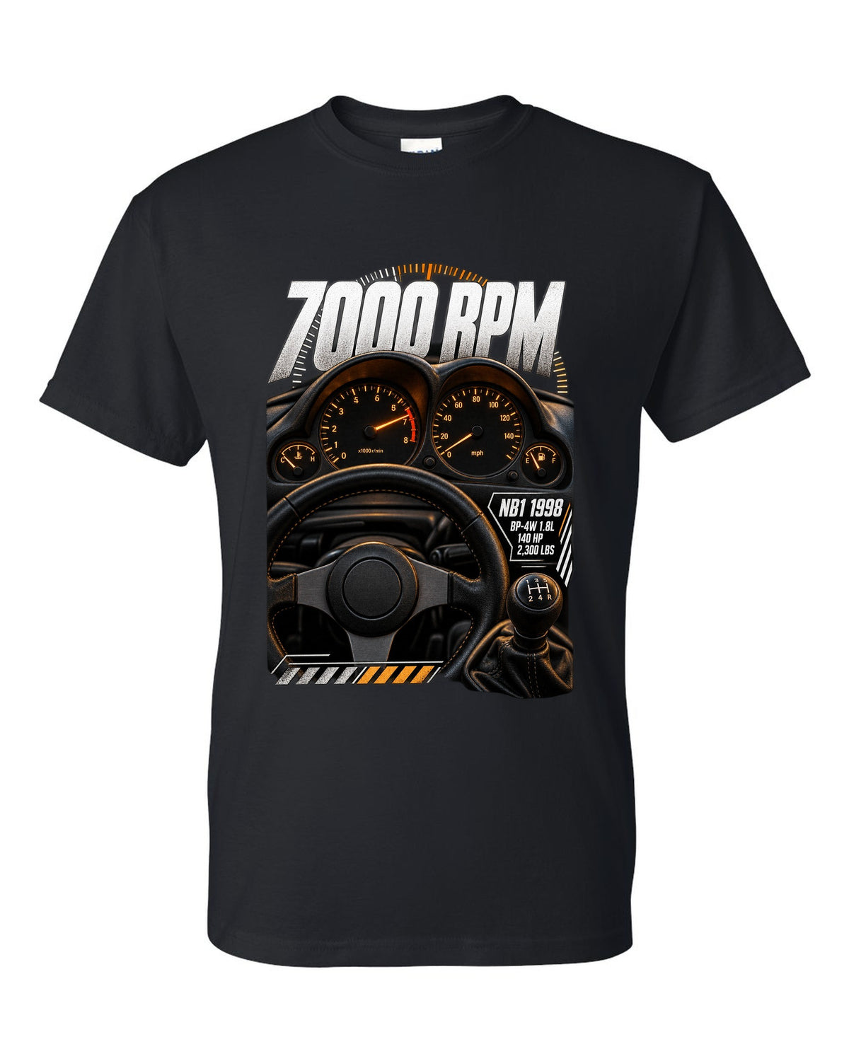 Cockpit gauge print for the 1998 Mazda MX-5 NB1 with 7000 rpm, BP-4W 1.8L and 140 HP black t-shirt front view with the design