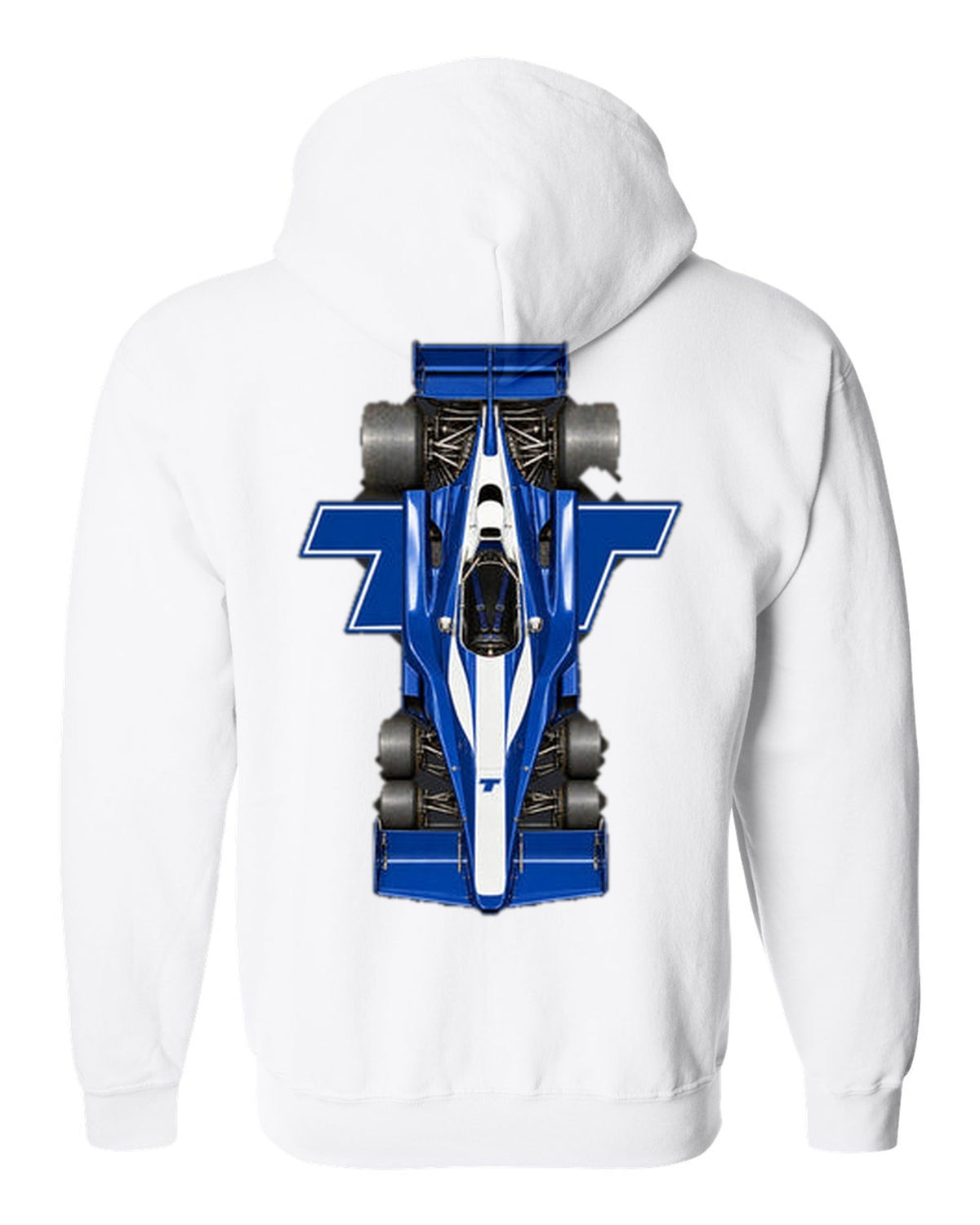 Tyrrell P34 1976 Formula 1 overhead poster artwork white zip hoodie back view with the design