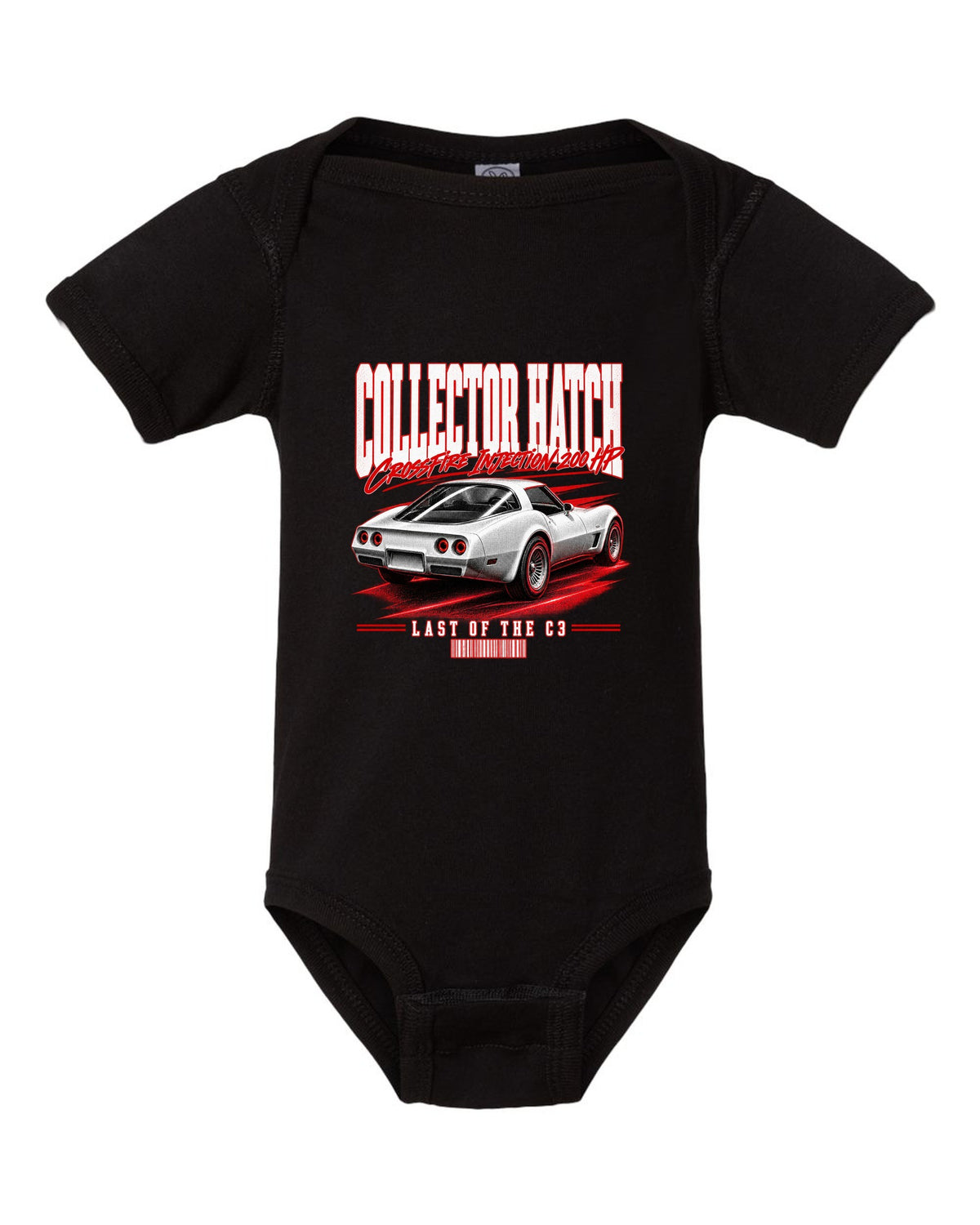 Chevrolet Corvette C3 1982 Collector Edition glass ch street poster print black baby onesie front view with the design