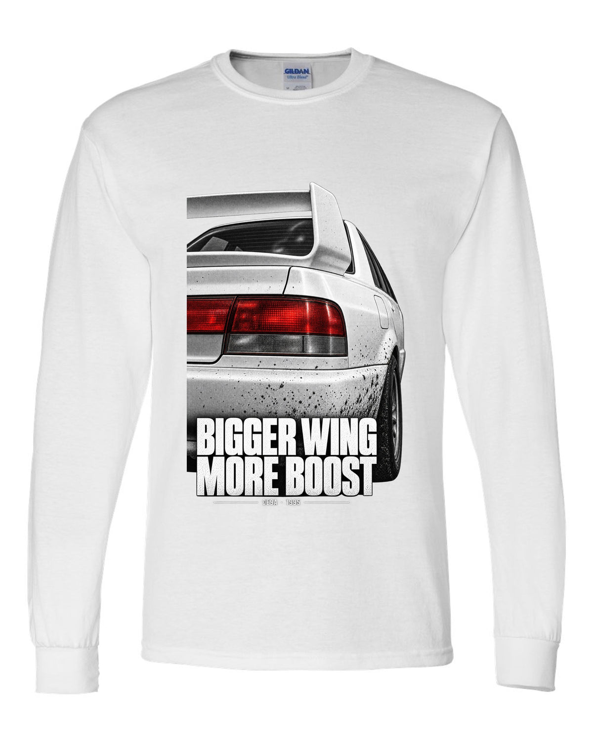 Tail and wing macro print for the Mitsubishi Lancer Evolution III CE9A reading Bigger Wing, More Boost white long sleeve front view with the design