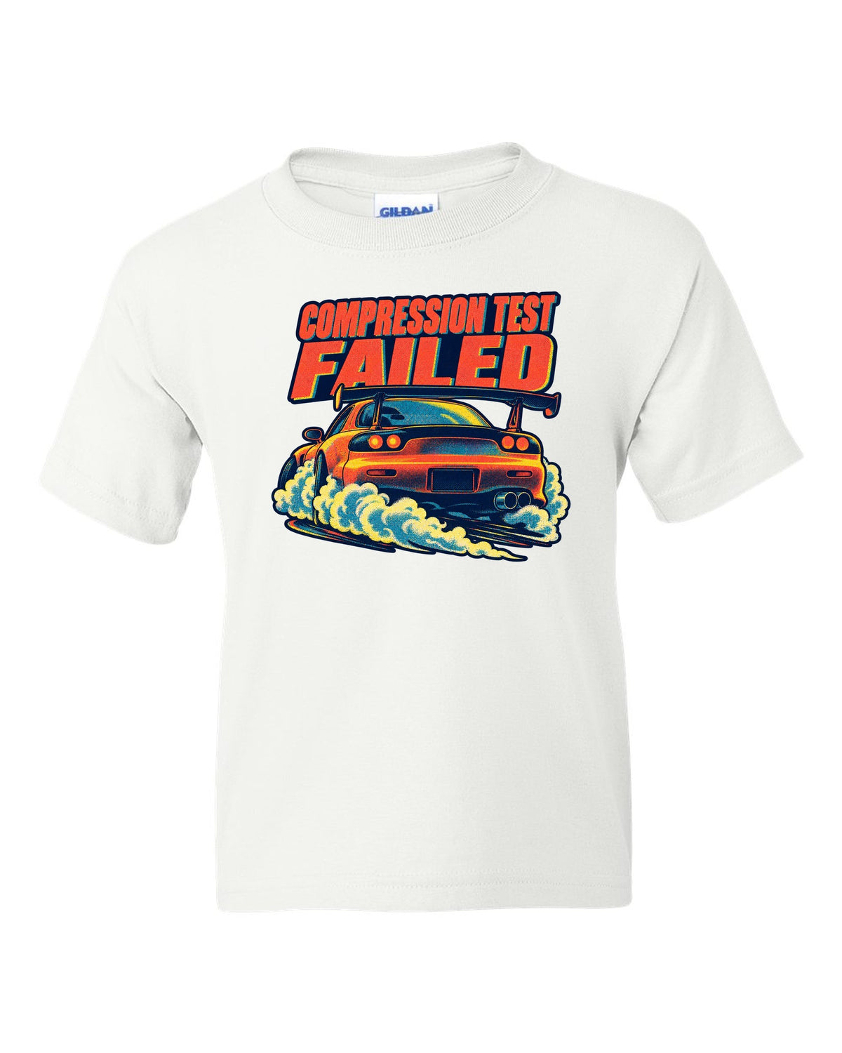 Risograph spot-colour rear view of a Mazda RX-7 FD3S with glowing taillights white kids tee front view with the design