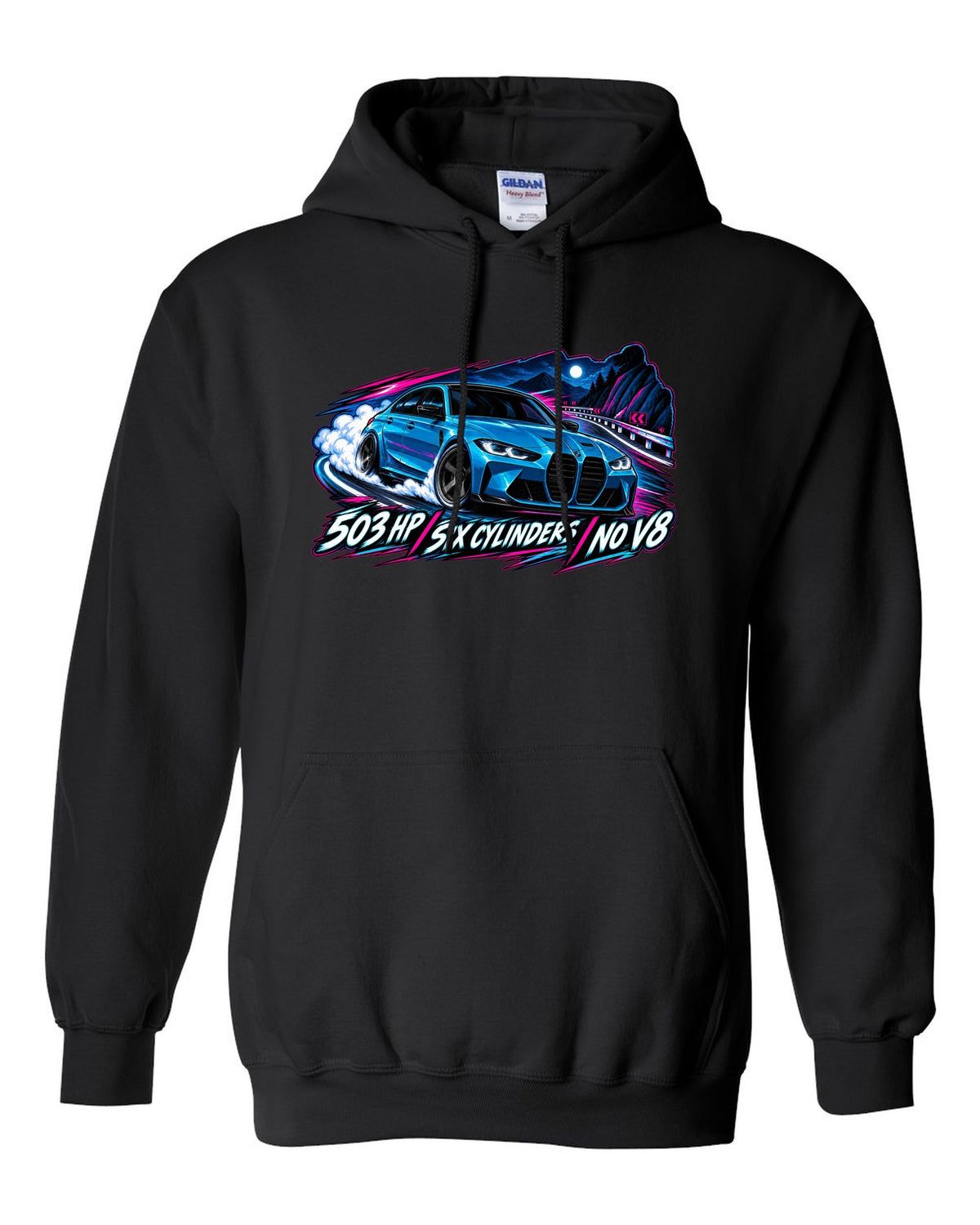 BMW G80 M3 Competition cel-shaded anime night touge print with 503 HP text black pull over hoodie front view with the design