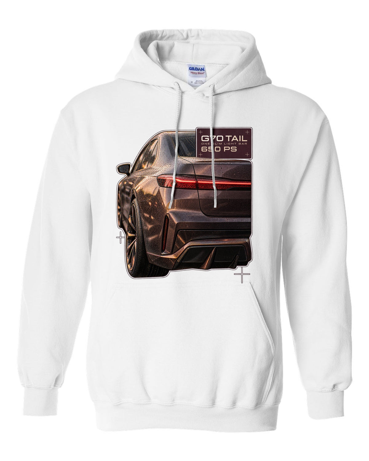 Macro print of the slim taillight bar on a BMW i7 M70 xDrive G70 white pull over hoodie front view with the design