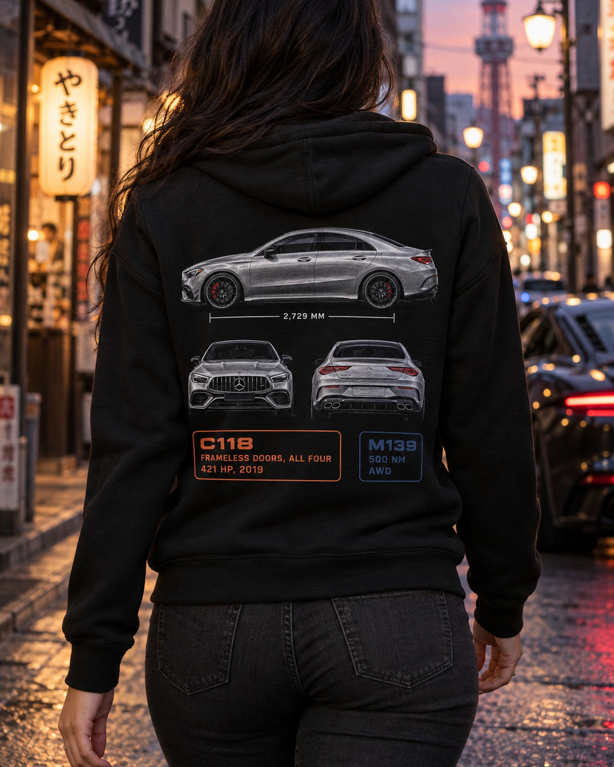 Mercedes-AMG CLA 45 S C118 Three-View Spec Poster Tee Zip Hoodie Black worn hero