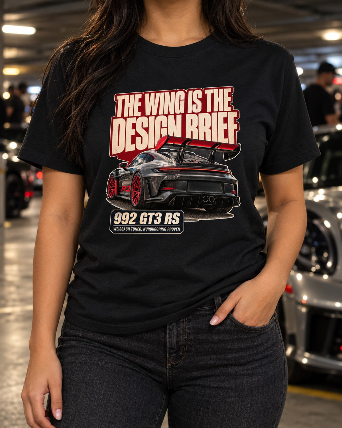 Porsche 992 GT3 RS Editorial Headline Shirt, Wing Design Tee T-Shirt Black worn hero