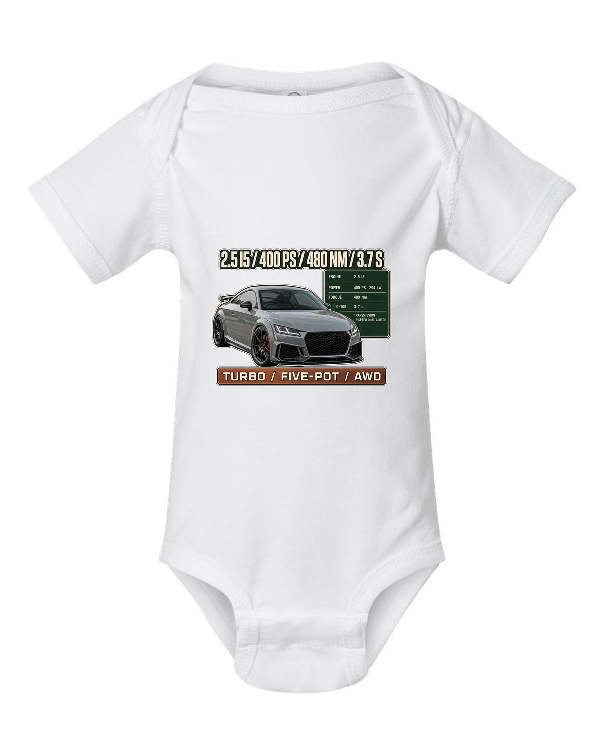 Audi TT RS 8S coupe spec poster print with 400 PS and 480 Nm white baby onesie front view with the design