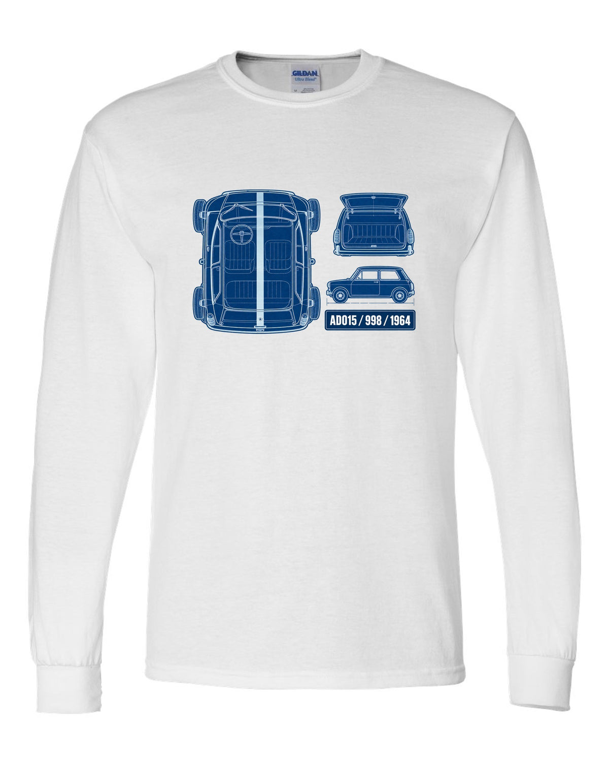 1964 Mini Cooper Mk I ADO15 in a white-on-blue cyanotype blueprint style white long sleeve front view with the design