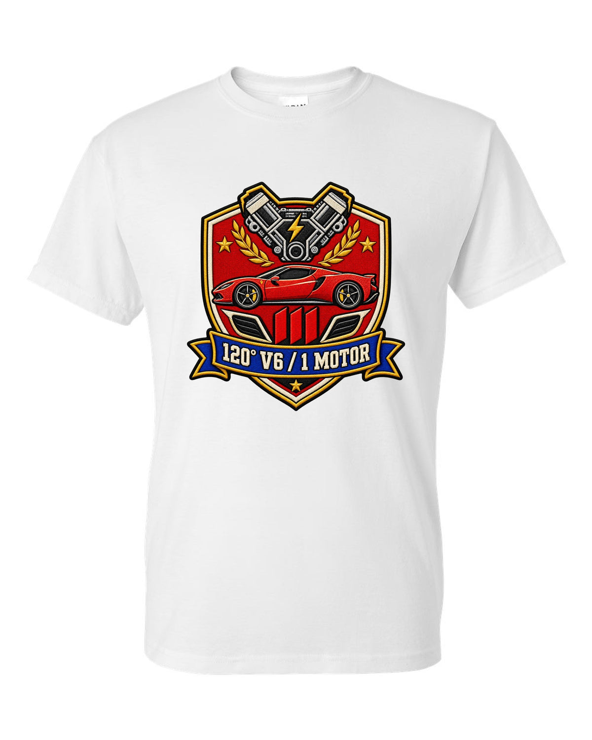 Shield crest print for the Ferrari 296 GTB with 120 degree V6 and 1 motor lettering white t-shirt front view with the design