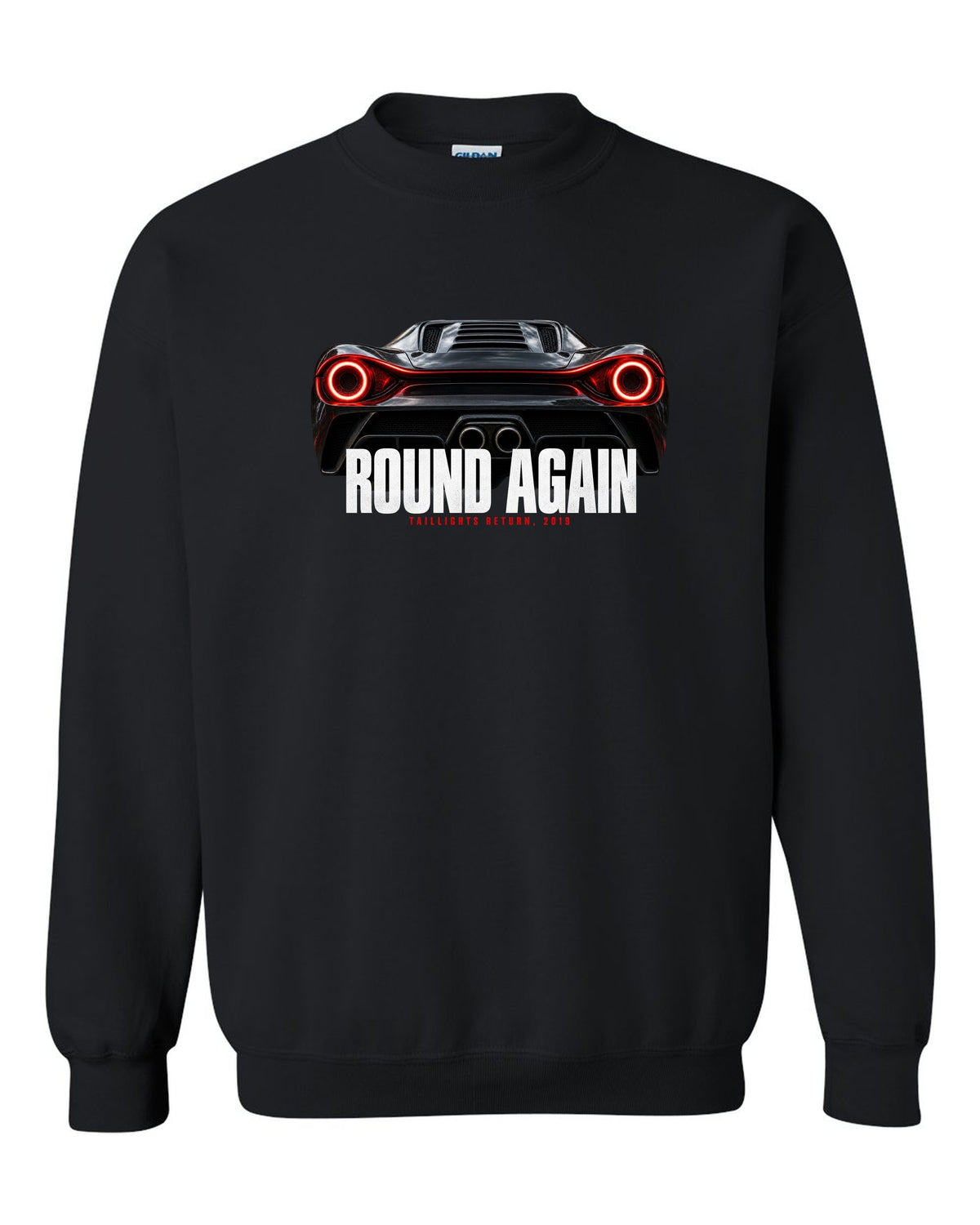 Macro print of Ferrari F8 Tributo round taillights with the text Round Again, Taillights Return, 2019 black crewneck front view with the design