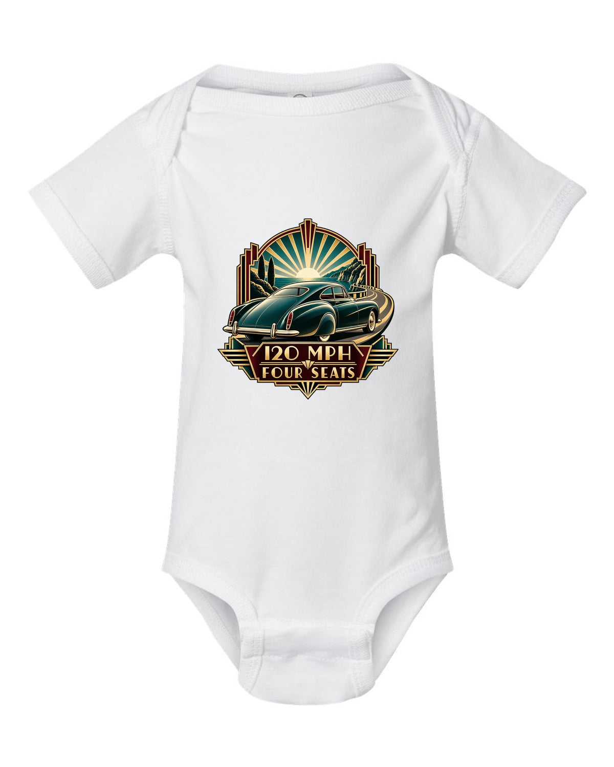 Synthwave outrun print of a 1982 Bentley Mulsanne Turbo with 120 mph and four seats lettering white baby onesie front view with the design
