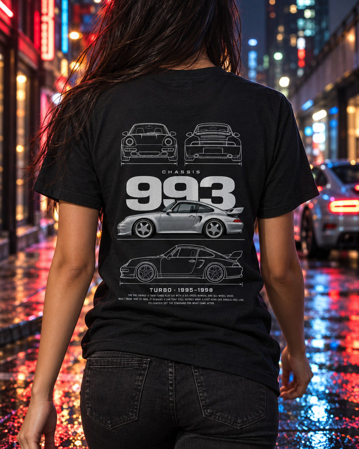 Porsche 993 Turbo Blueprint Full-Back Graphic Tee, 993 Chassis Code T-Shirt Black worn hero
