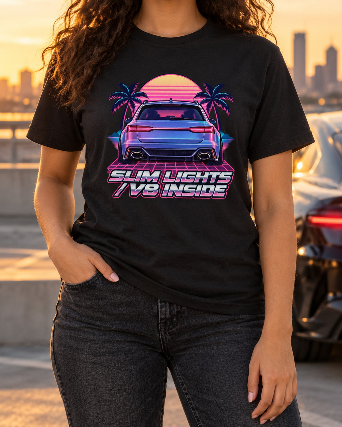 Audi RS6 Avant C7 4G Vaporwave Sunset Shirt, Slim Lights V8 T-Shirt Black worn hero