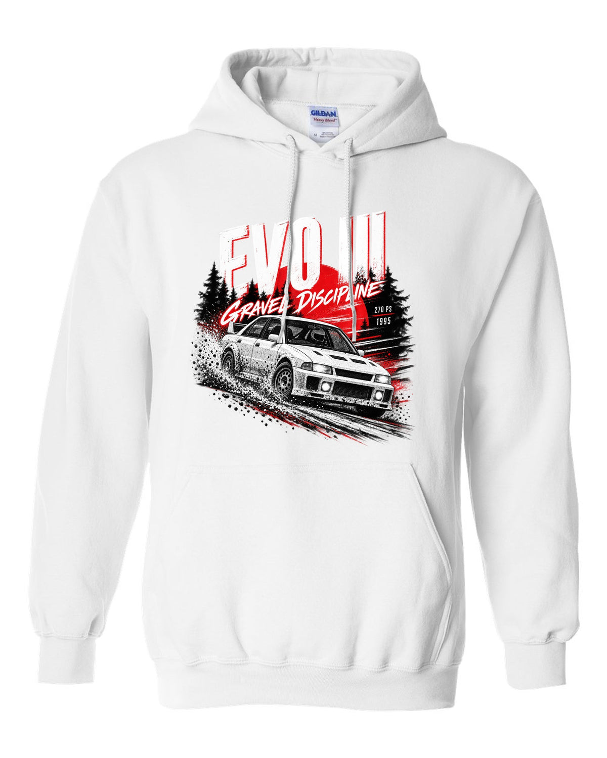 Night gravel road print for the Mitsubishi Lancer Evolution III CE9A reading Gravel Discipline, 270 PS, 1995 white pull over hoodie front view with the design