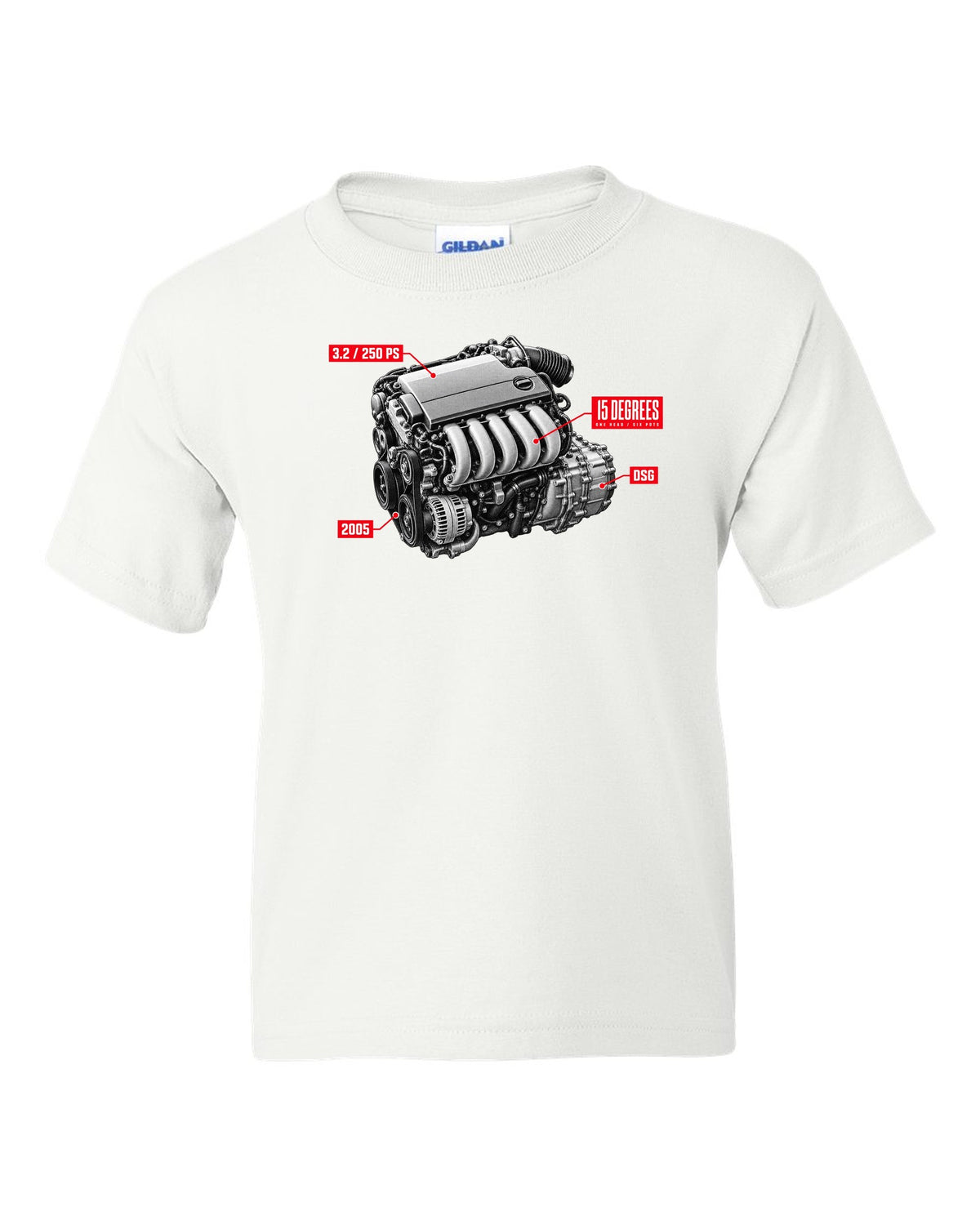 VW Golf R32 Mk5 2005 VR6 engine hero design with 15 degrees one head text white kids tee front view with the design