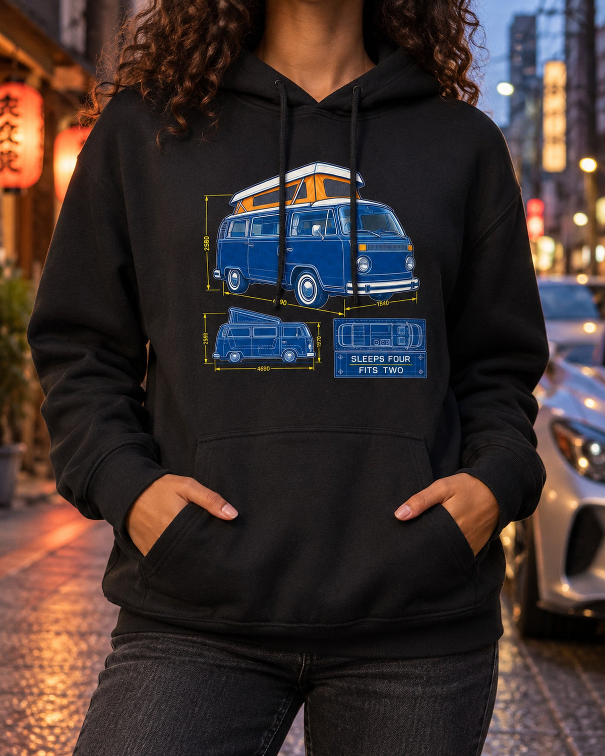 Bay Window T2 Camper Cyanotype Blueprint Shirt, Sleeps Four Pull Over Hoodie Black worn hero