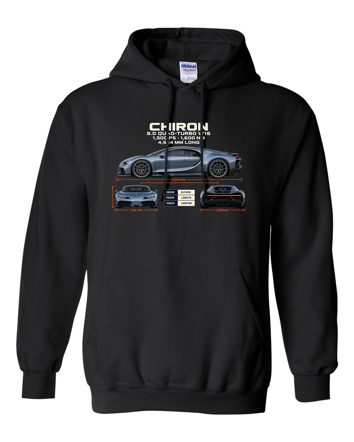 Three-view drawing and spec table of a Bugatti Chiron on the front of a tee black pull over hoodie front view with the design