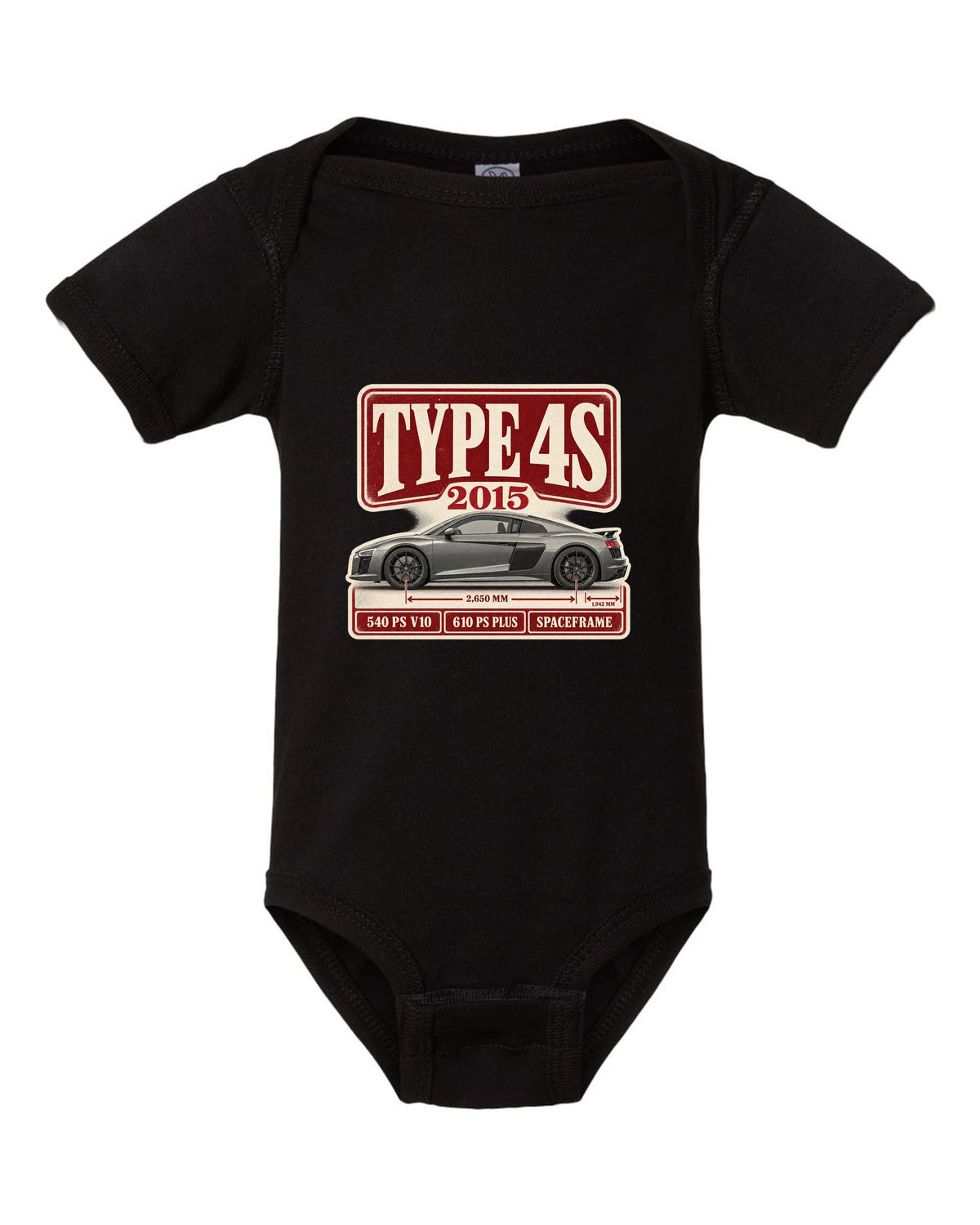 Audi R8 V10 Type 4S 2015 launch archive panel print design black baby onesie front view with the design