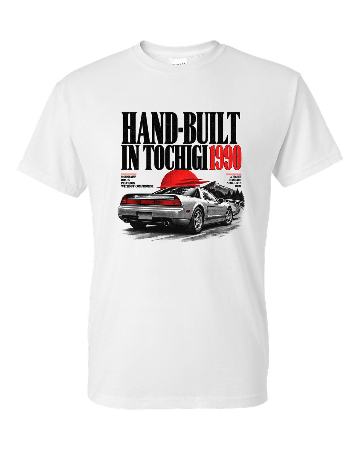 Honda NSX NA1 editorial headline design with hand-built in Tochigi 1990 text white t-shirt front view with the design