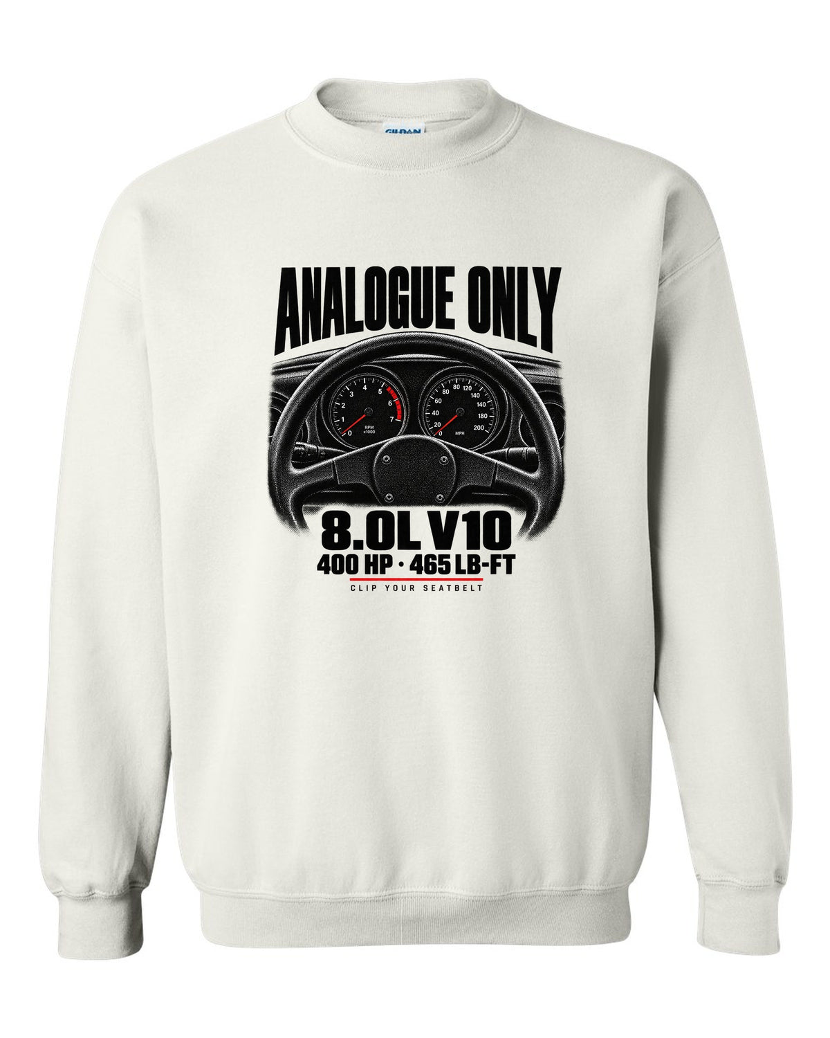 Cockpit gauge print of a 1994 Dodge Viper RT/10 SR I with analogue only and 8.0L V10 text white crewneck front view with the design