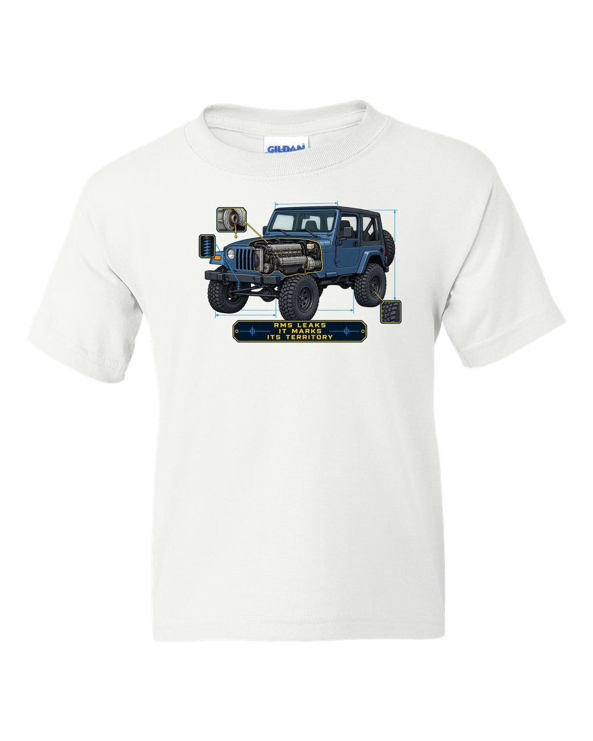 Blueprint style engine cutaway of a Jeep Wrangler TJ with RMS LEAKS IT MARKS ITS TERRITORY lettering white kids tee front view with the design