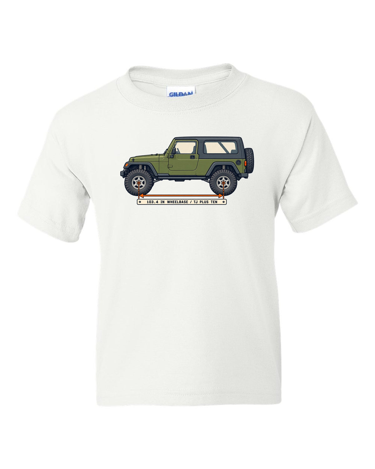 Patent-style line drawing of a Jeep Wrangler LJ Unlimited with 103.4 IN WHEELBASE TJ PLUS TEN lettering white kids tee front view with the design