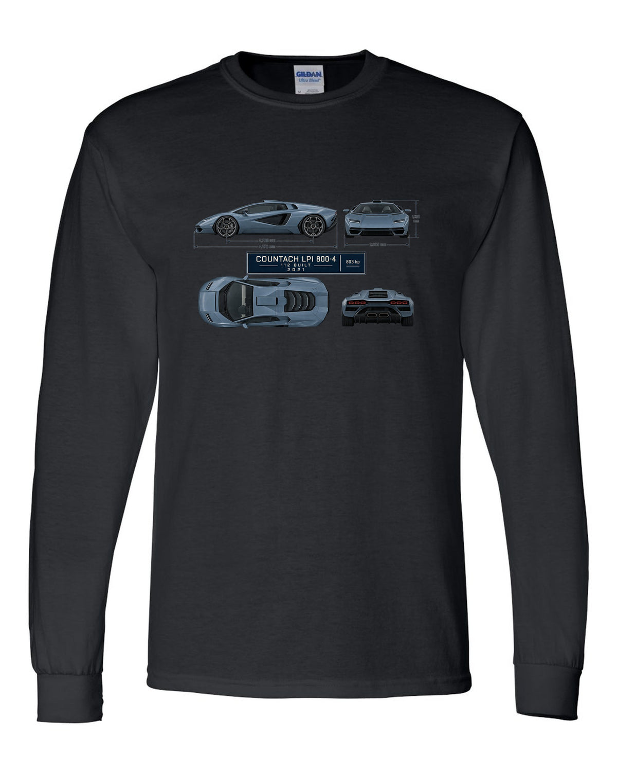 Lamborghini Countach LPI 800-4 dimension blueprint print with 112 built 2021 lettering black long sleeve front view with the design