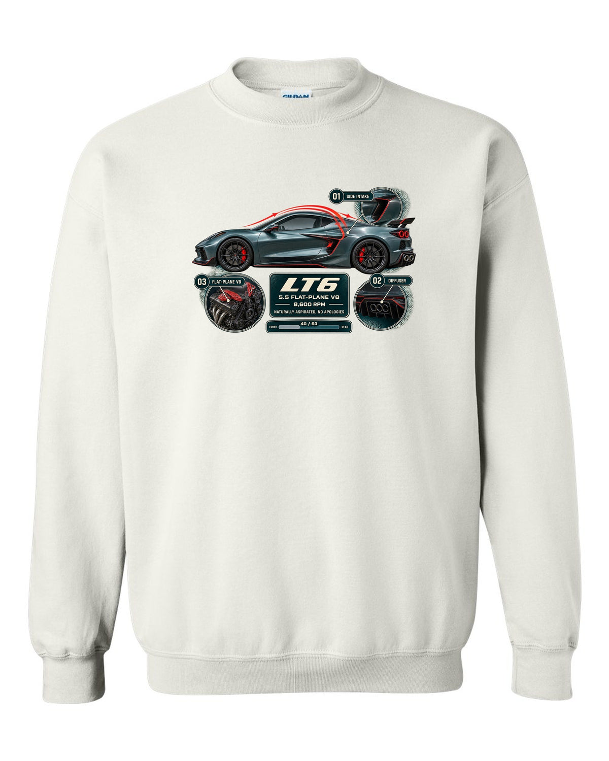print aero cutaway callouts of a Chevrolet Corvette C8 Z06 in teal-grey white crewneck front view with the design
