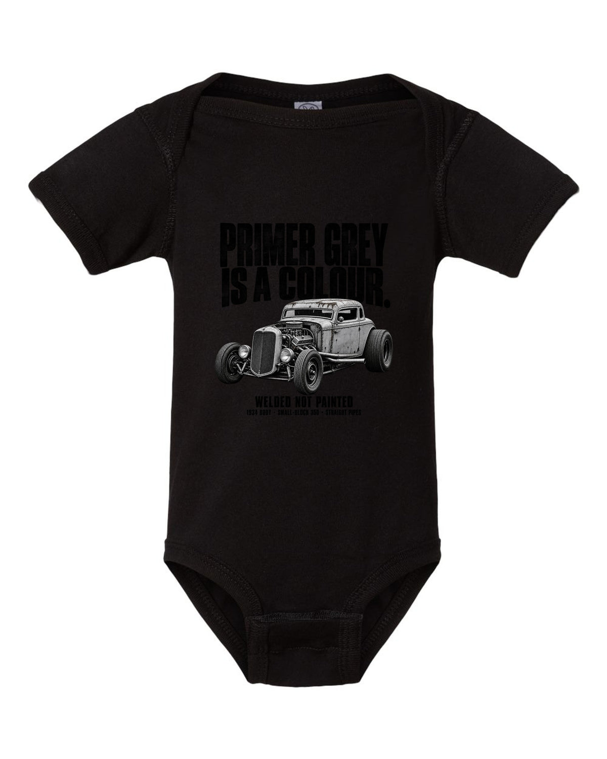 Halftone print of a primer grey 1934-style rat rod coupe black baby onesie front view with the design