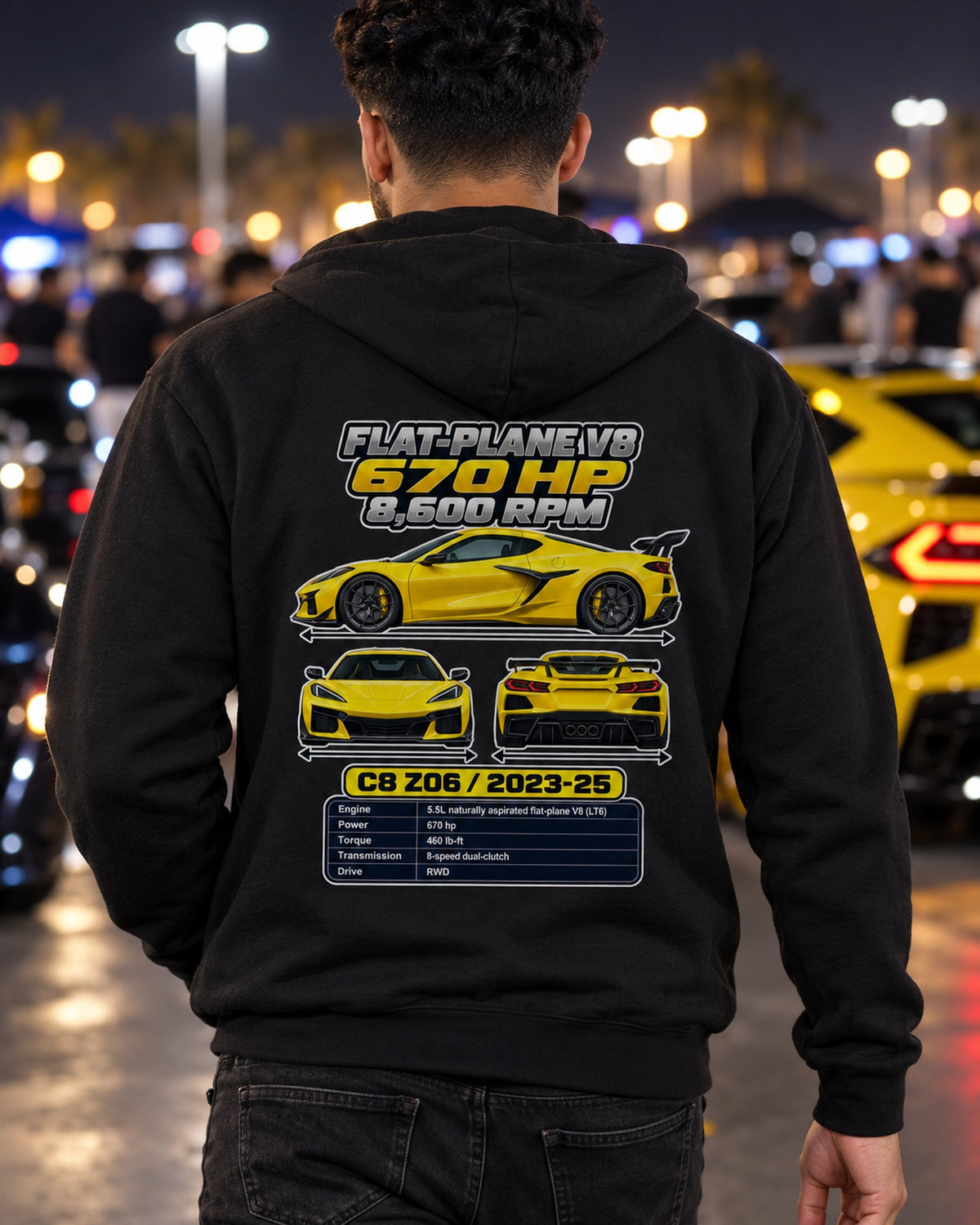 Chevrolet Corvette C8 Z06 Spec Sheet Full-Back Graphic Tee Zip Hoodie Black worn hero