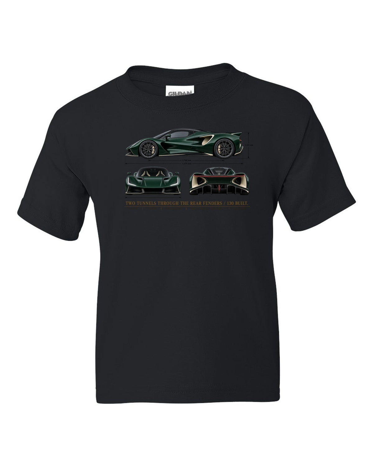 Lotus Evija three-view spec sheet print with two tunnels through the rear fenders and 130 built text black kids tee front view with the design
