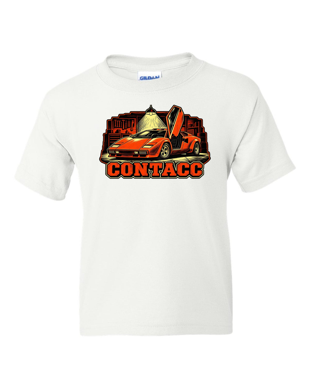 Linocut woodcut print of a 1974 Lamborghini Countach LP400 in a garage under one bulb white kids tee front view with the design