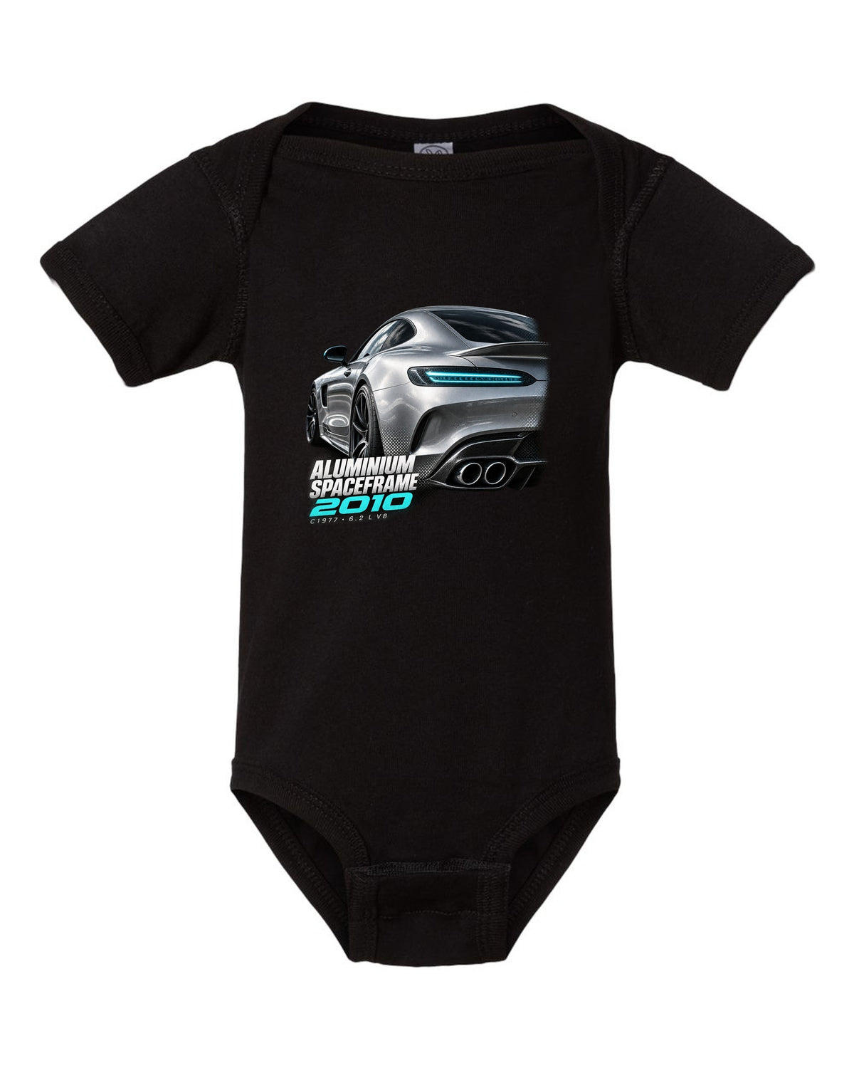 Taillight macro print of a Mercedes SLS AMG C197 with Aluminium Spaceframe 2010 lettering black baby onesie front view with the design