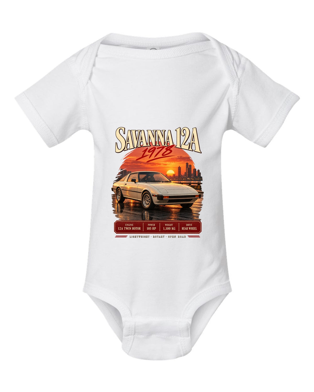 Archive panel print for the Mazda RX-7 SA22C 1978-85 with Savanna 12A and 1,100 kg details white baby onesie front view with the design
