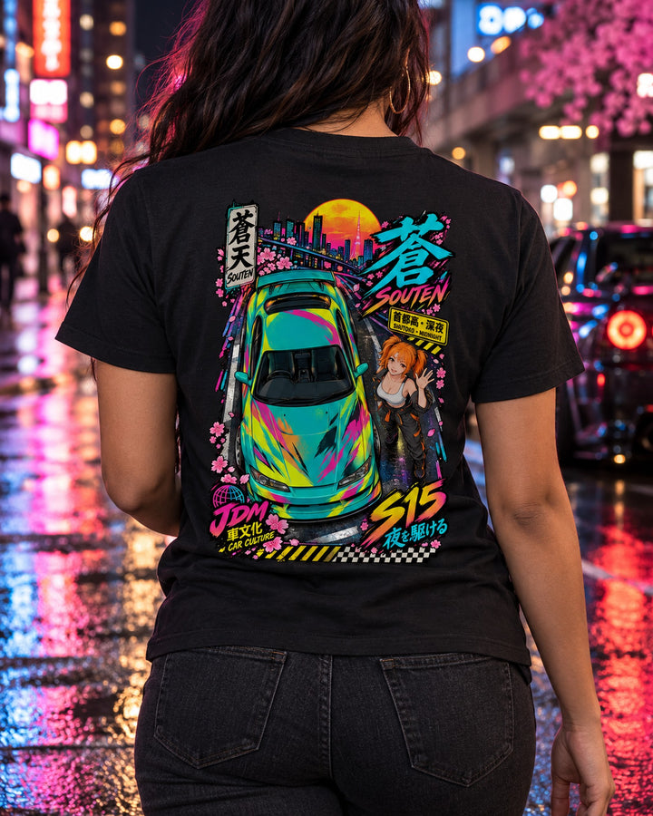 SOUTEN S15 Anime Girl Full-Back Graphic Tee T-Shirt Black worn hero