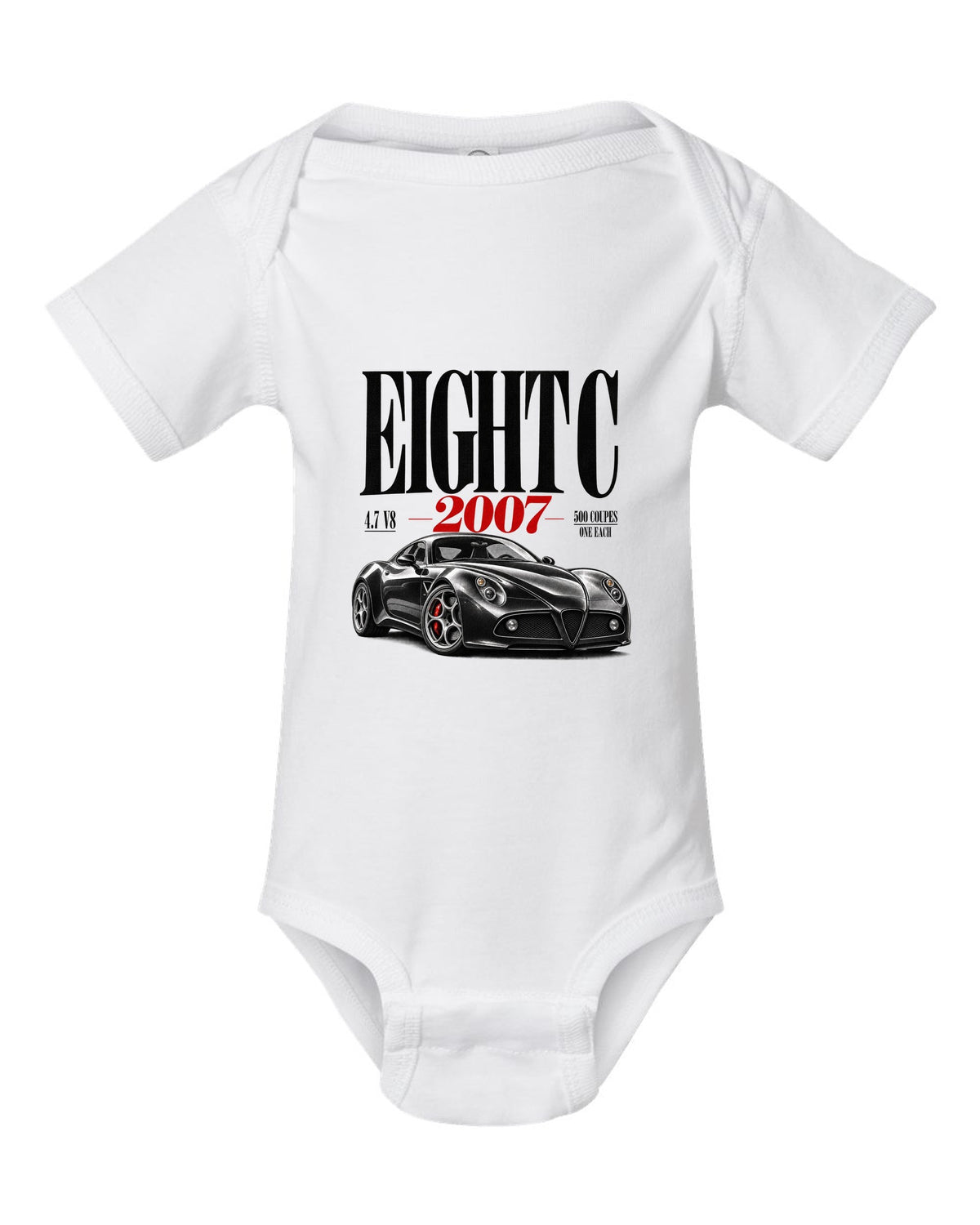 Editorial headline print for the Alfa Romeo 8C Competizione with 4.7 V8 text white baby onesie front view with the design