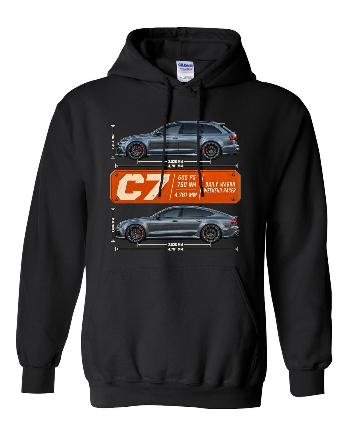 Audi RS4 Avant B9 spec poster print with 450 PS and 600 Nm black pull over hoodie front view with the design