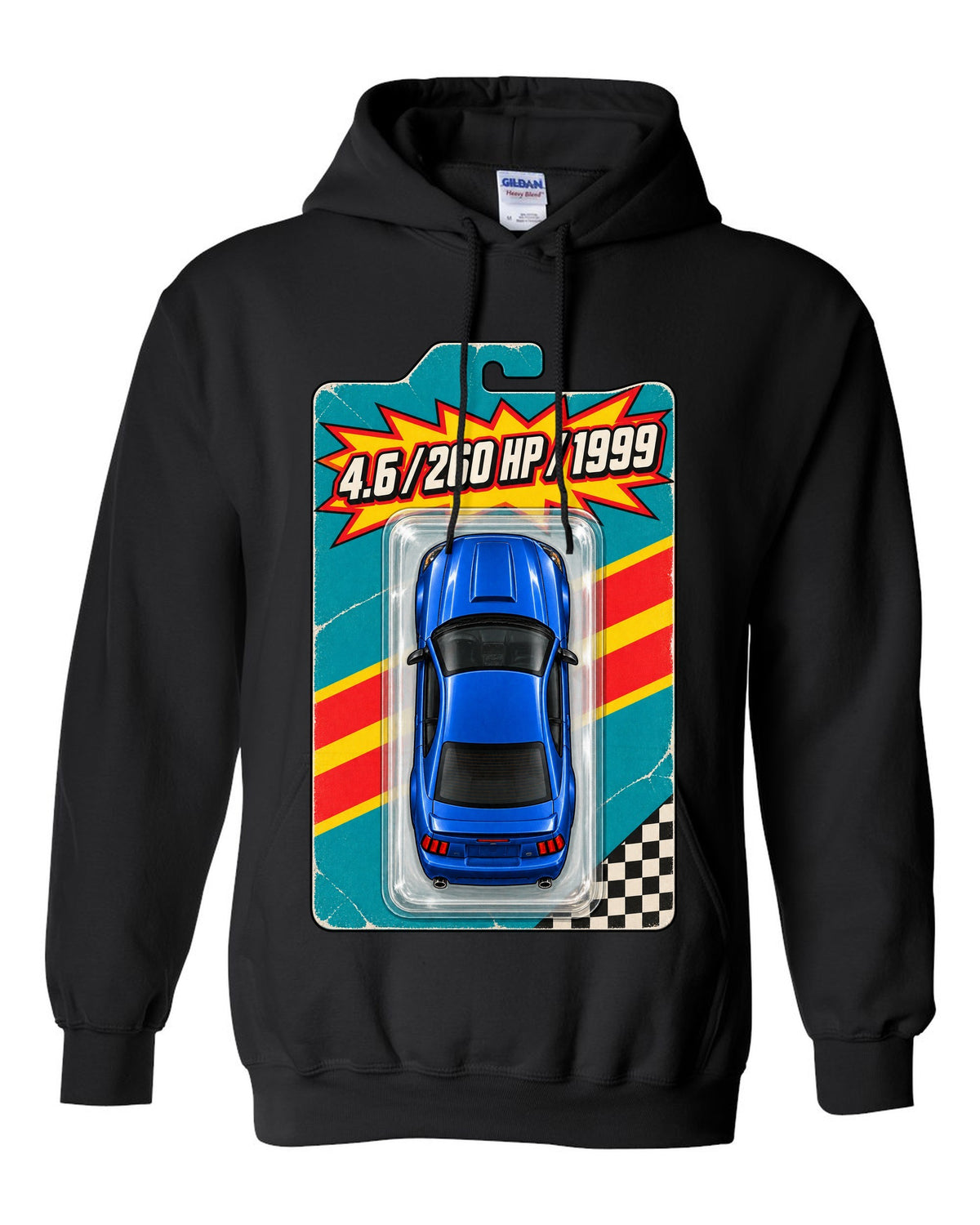 Toy blister card layout of a 1999-2004 New Edge Ford Mustang coupe with 4.6 260 HP text black pull over hoodie front view with the design