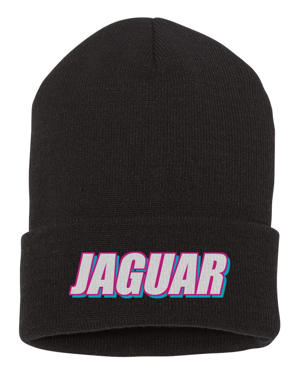 Jaguar black beanie front view with car name