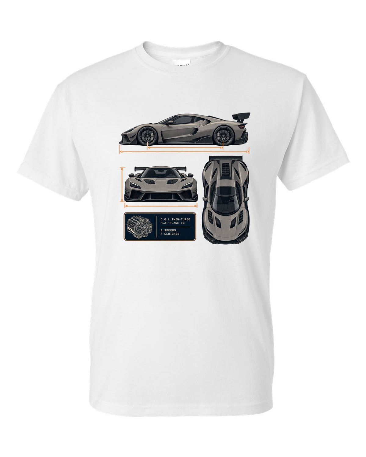 Three-view drawing and spec table of the Koenigsegg Jesko Attack, print white t-shirt front view with the design