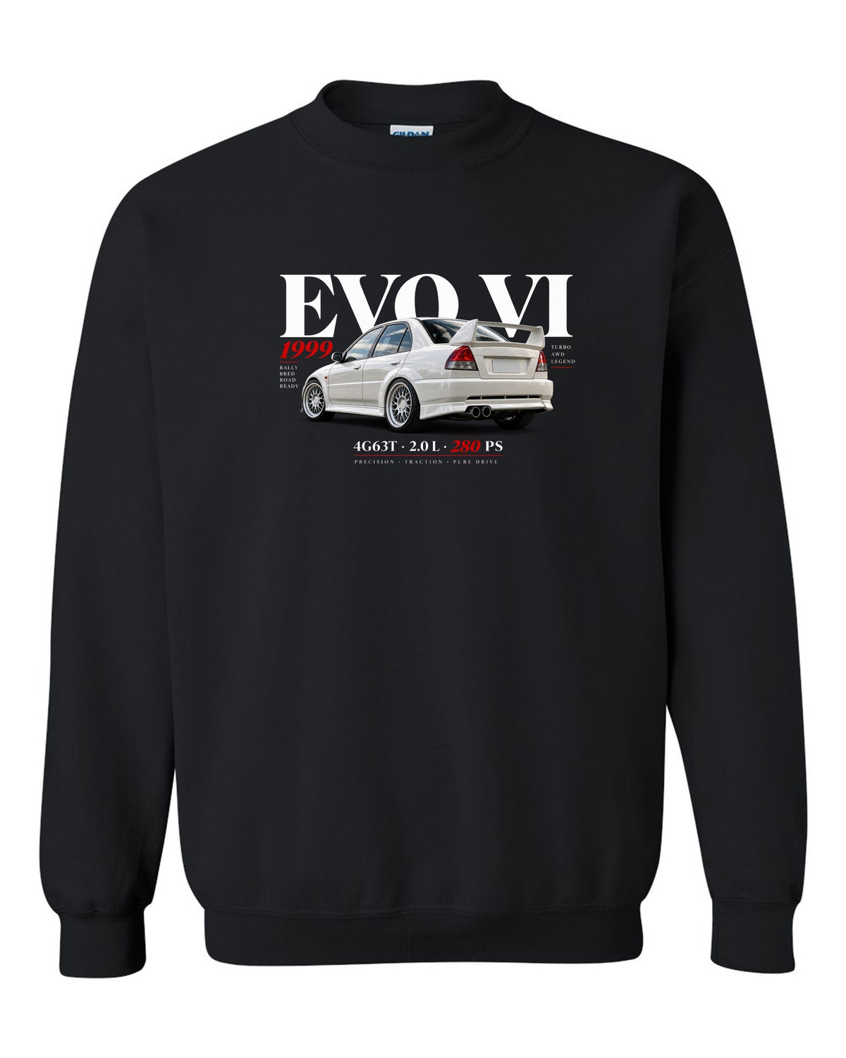 Mitsubishi Lancer Evolution VI TME CP9A editorial headline with 4G63T specs black crewneck front view with the design