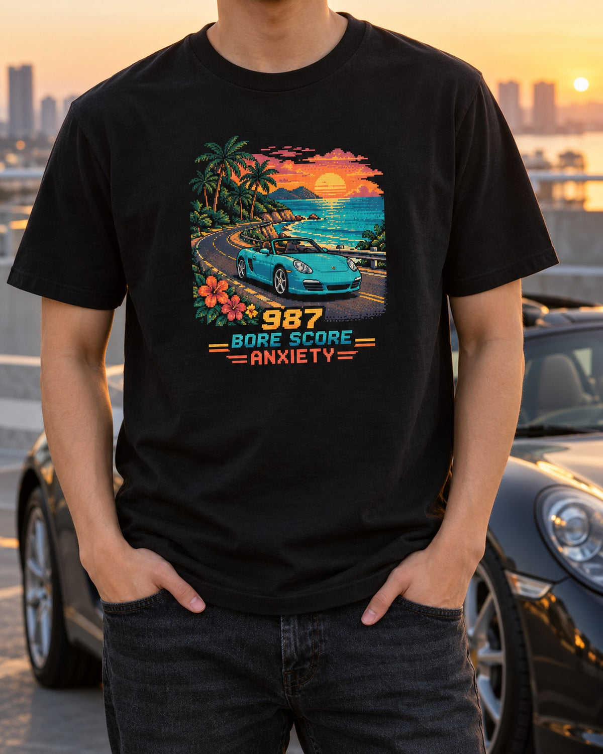 Porsche Boxster 987 Isometric Pixel Art Shirt, Bore Score Joke T-Shirt Black worn hero