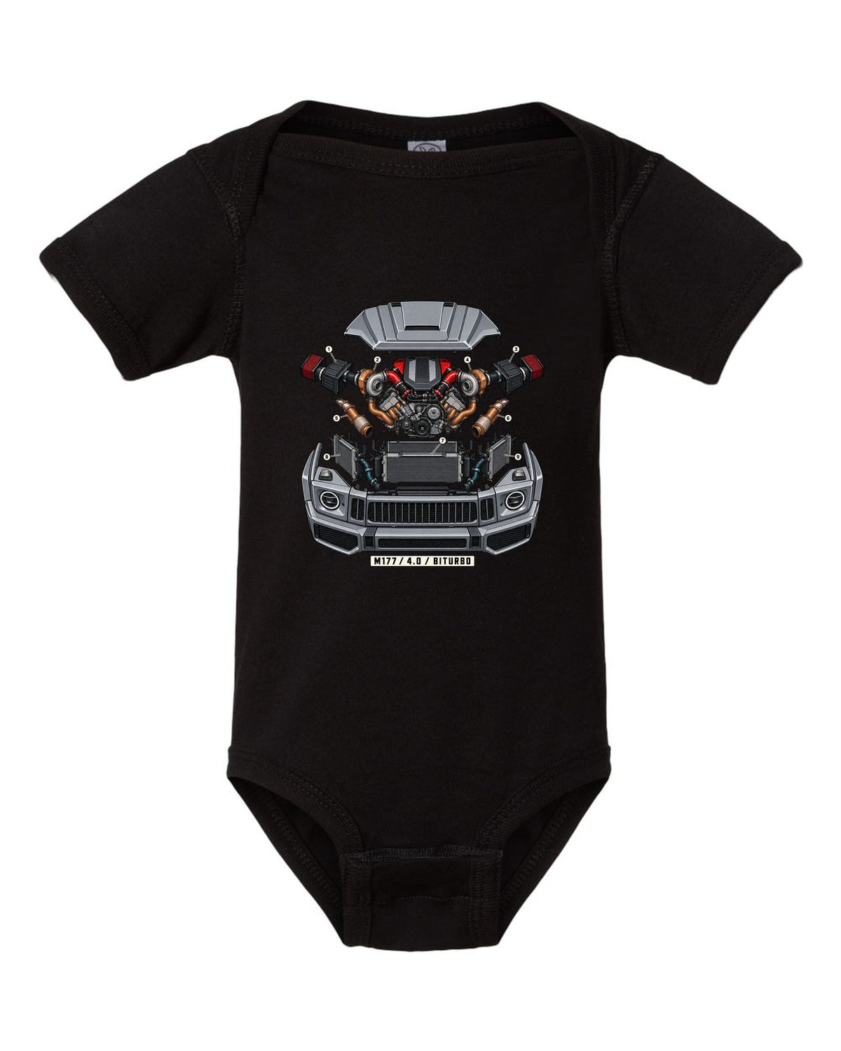 Isometric exploded engine cutaway graphic reading M177 4.0 Biturbo for the Mercedes G63 W464, print black baby onesie front view with the design